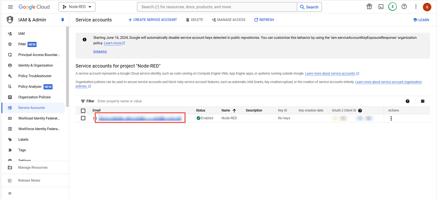 "Screenshot showing the created service account email"